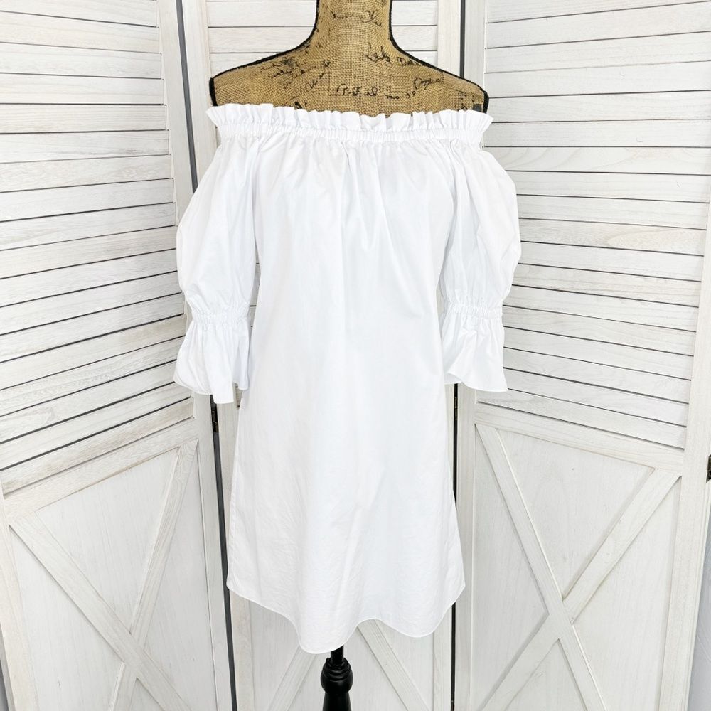 Alice + Olivia Paolo Smocked Off Shoulder‎ Tunic Dress White XS Mini Cotton - Picture 2 of 14
